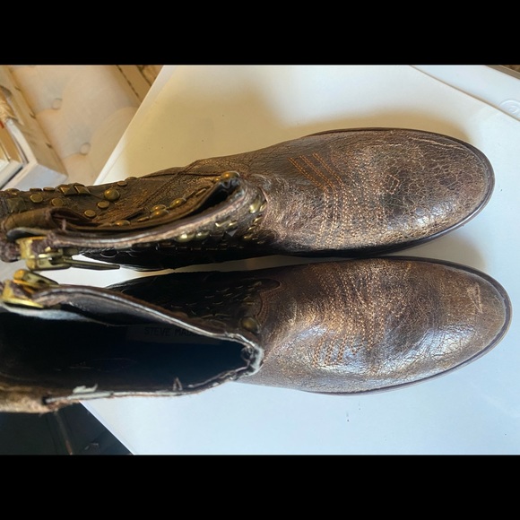 Steve Madden Brown Leather Pointed Toe Ankle Boots - Embellished Studded Cowgirl - Picture 5 of 6